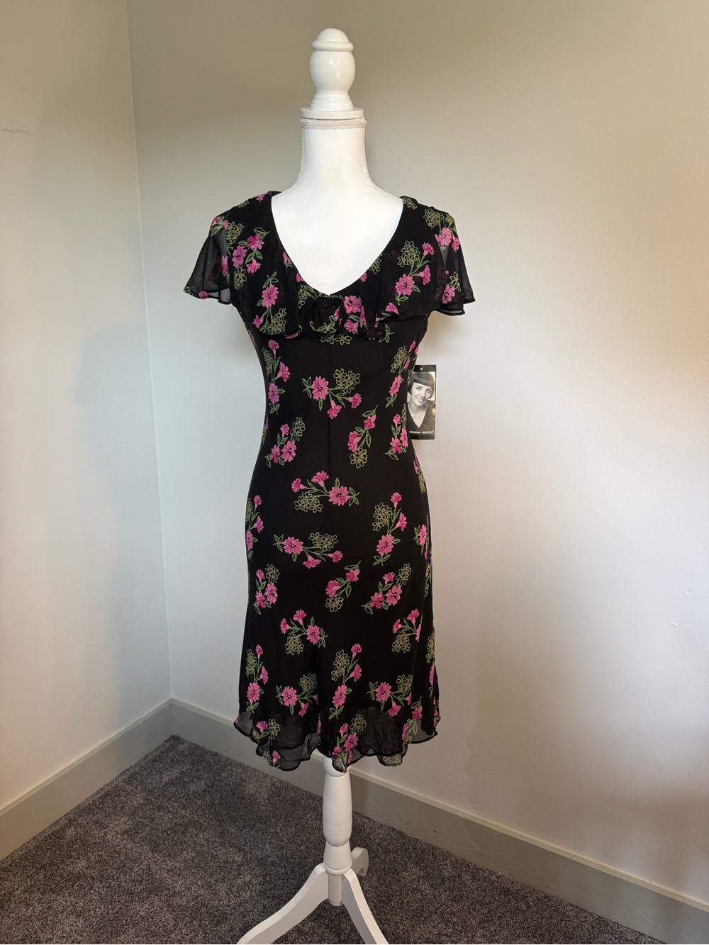 Vintage Y2K Donna Ricco Black Pink Floral Chiffon Dress NWT Size 6P